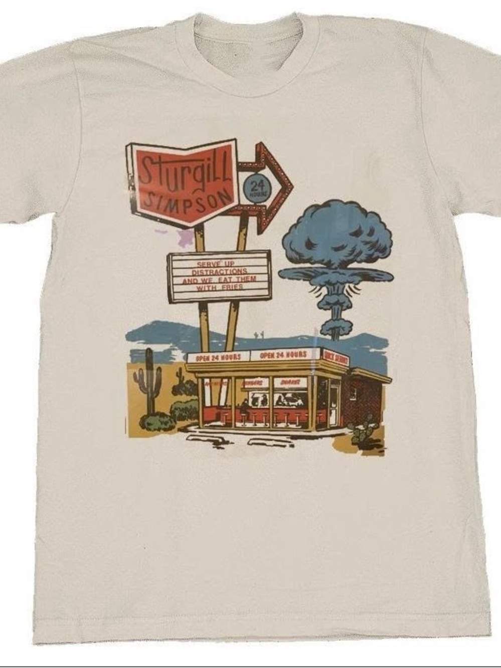 Sand Graphic Tee with Retro Diner and Blue Cloud Art